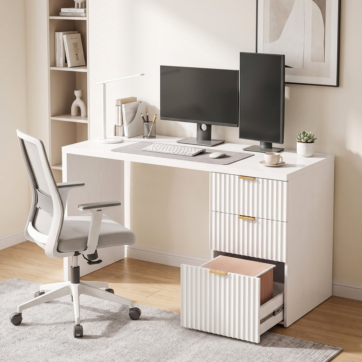 Computer Desk with 3 Drawers, 120 cm Reversible Home Office Desk with Storage, Thick Top, Modern Study Table with File Drawer for A4 and Letter Size, Bedroom, Studio, White