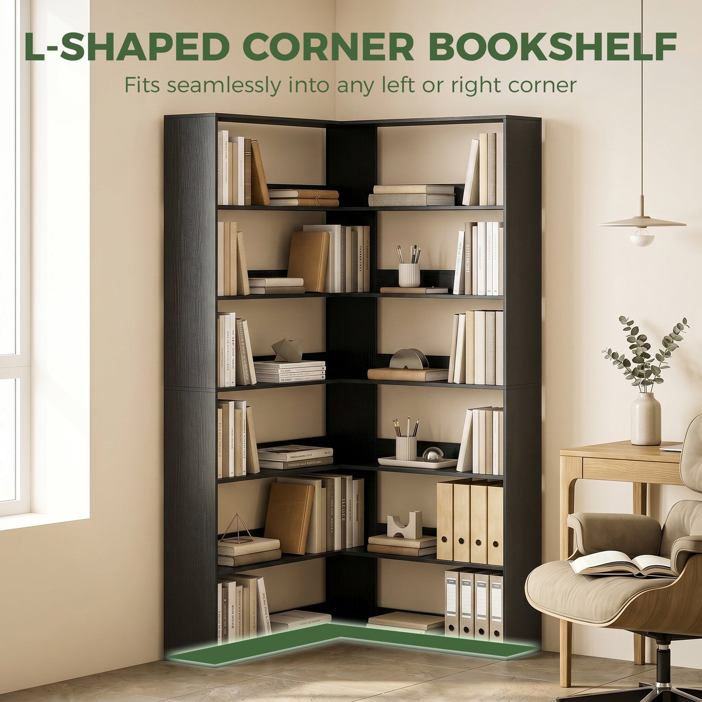 7 Tiers Corner Bookshelf, L-Shaped Bookcase with Anti-Slip Rear Guard, Storage Shelves for Living Room, Bedroom and Home Office, 90W x 90D x 180H cm, Black Wood Effect