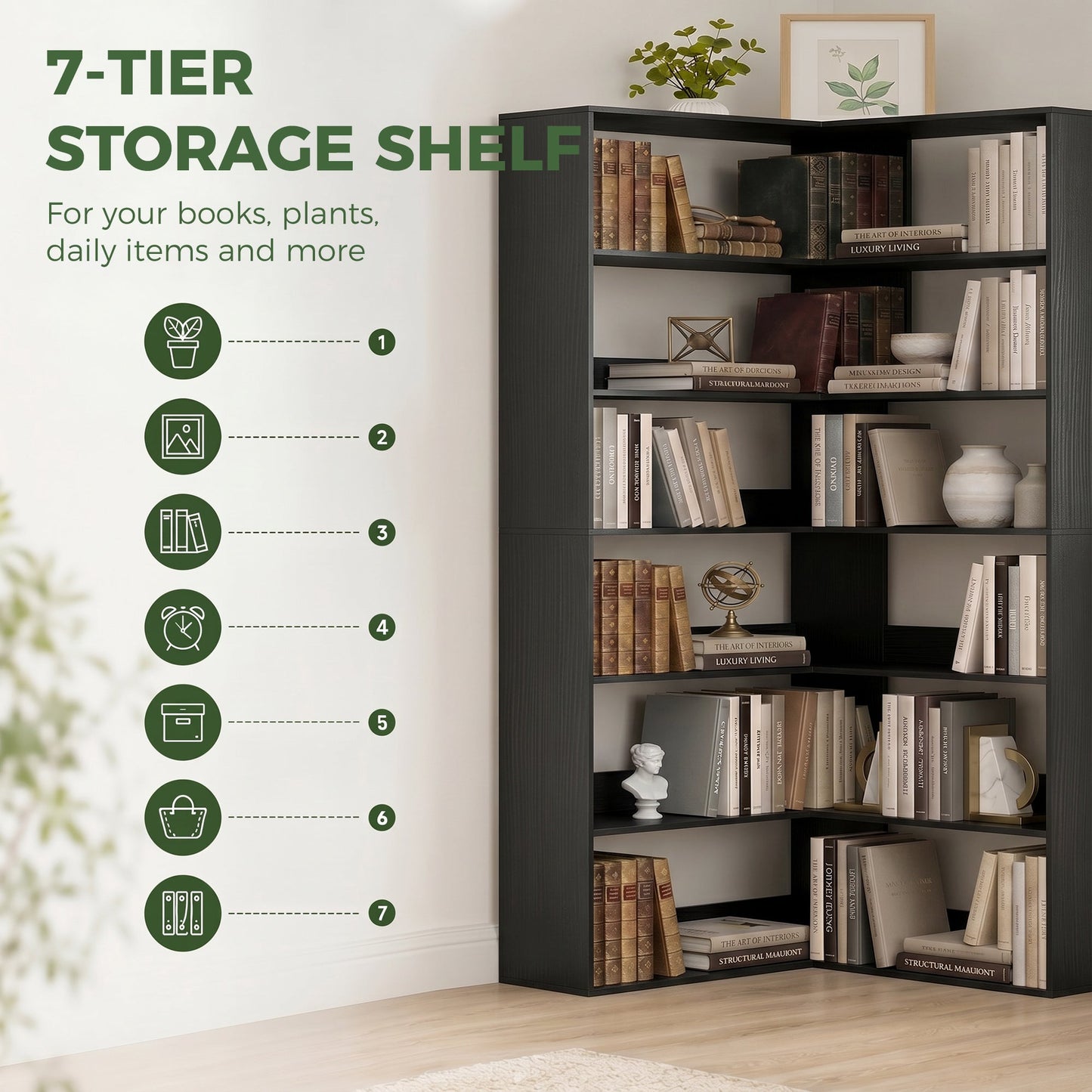 7 Tiers Corner Bookshelf, L-Shaped Bookcase with Anti-Slip Rear Guard, Storage Shelves for Living Room, Bedroom and Home Office, 90W x 90D x 180H cm, Black Wood Effect