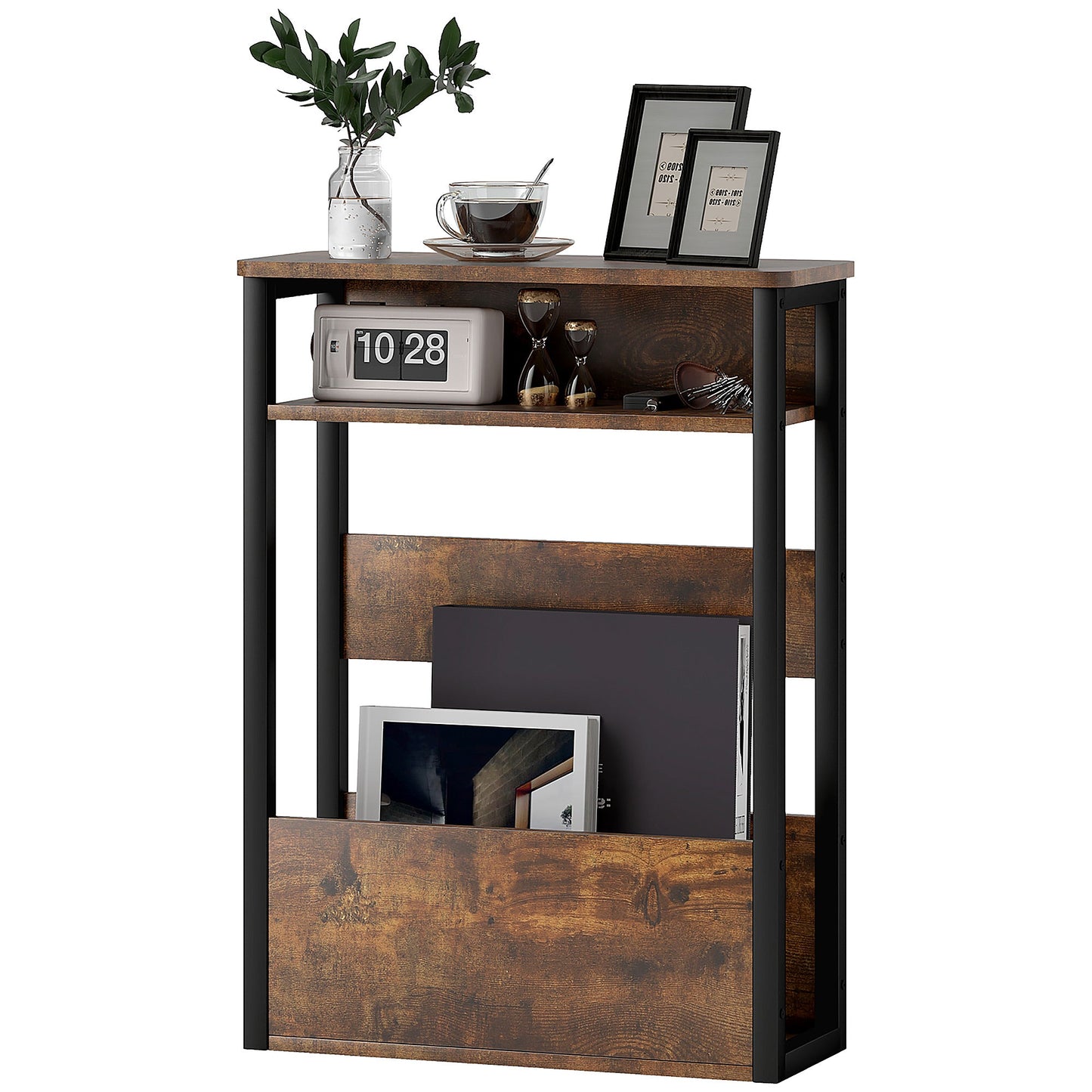 HOMCOM Side Table, Narrow Bedside Table with 2 Storage Shelves, Industrial Sofa End Table with Metal Frame for Living Room, Bedroom, Rustic Brown