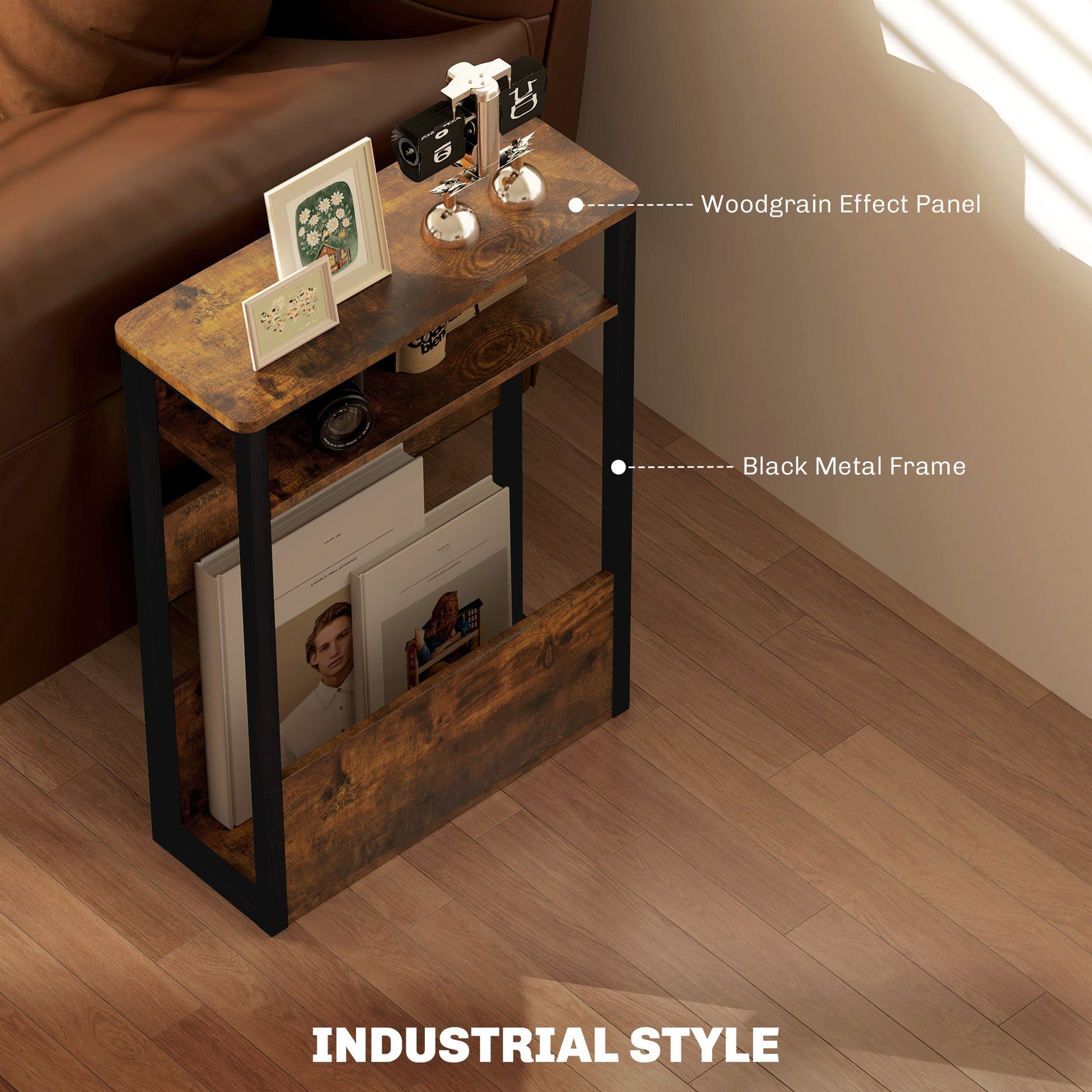 HOMCOM Side Table, Narrow Bedside Table with 2 Storage Shelves, Industrial Sofa End Table with Metal Frame for Living Room, Bedroom, Rustic Brown