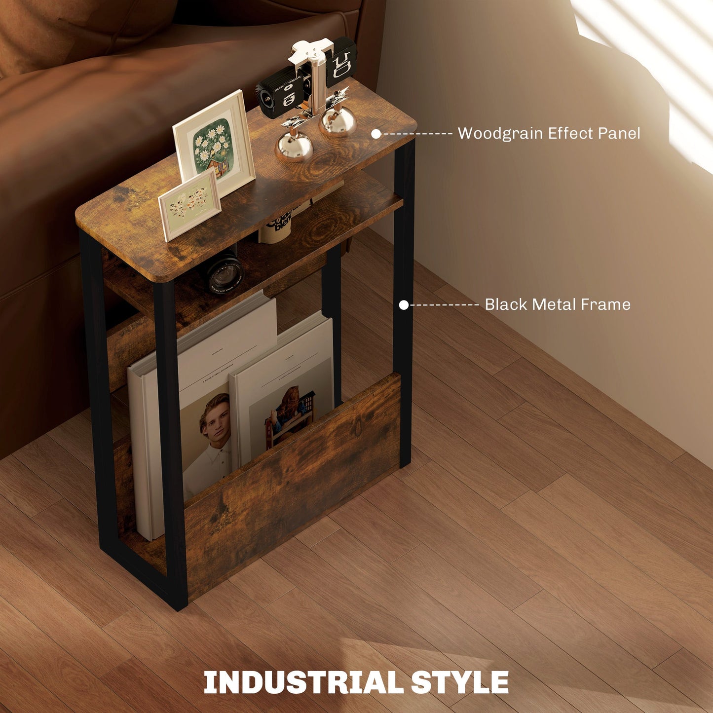 HOMCOM Side Table, Narrow Bedside Table with 2 Storage Shelves, Industrial Sofa End Table with Metal Frame for Living Room, Bedroom, Rustic Brown