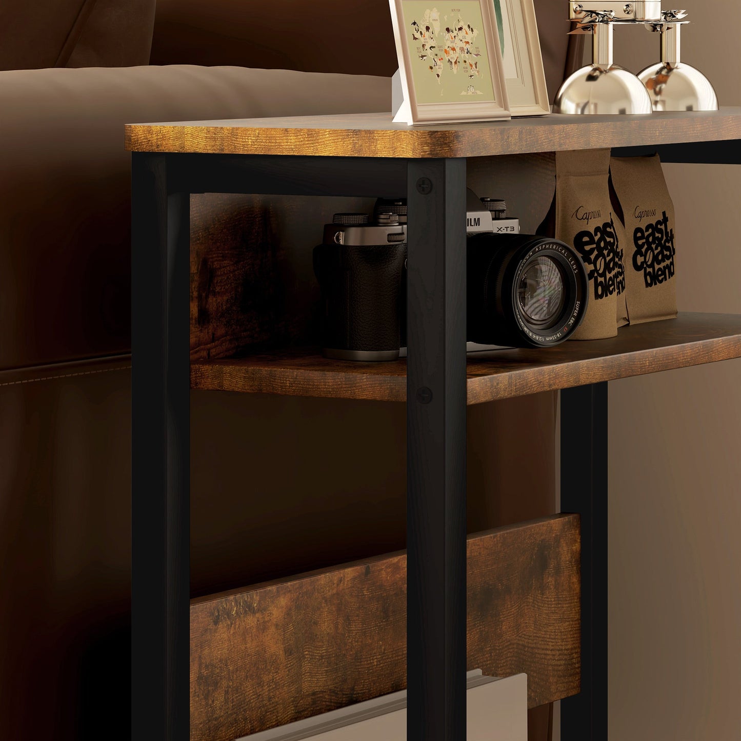 HOMCOM Side Table, Narrow Bedside Table with 2 Storage Shelves, Industrial Sofa End Table with Metal Frame for Living Room, Bedroom, Rustic Brown
