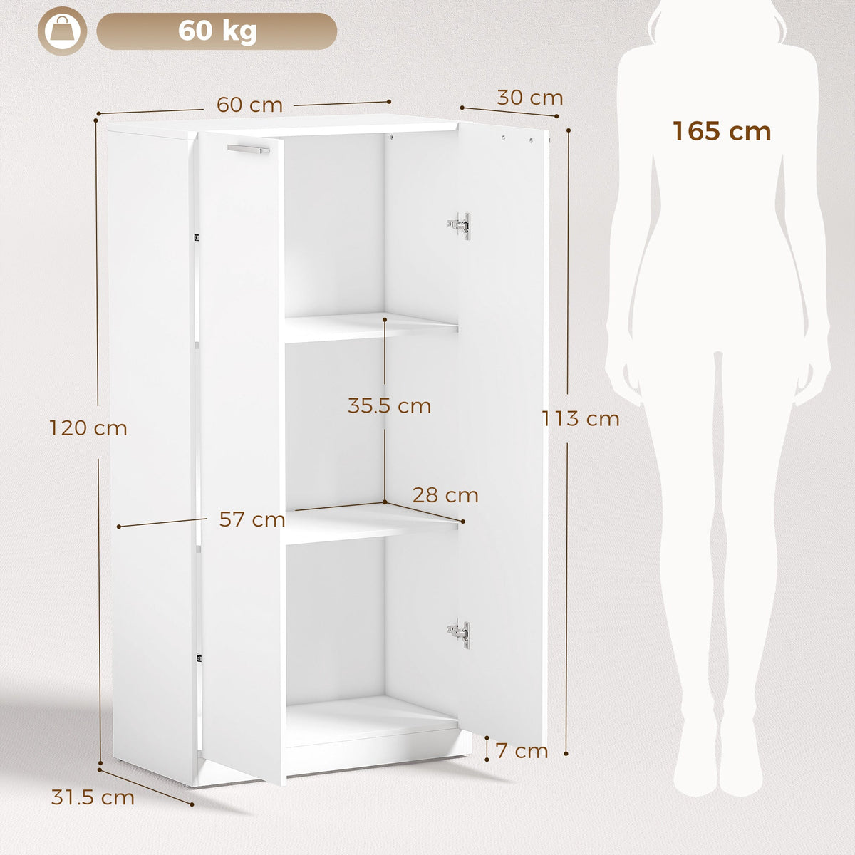 120 cm Tall Storage Cabinet Cupboard, 3-Tier File Organiser Wooden Filing Cabinet, Soft-Close Hinges, for Tool Garage Storage, Home Office, Study, Living Room, White