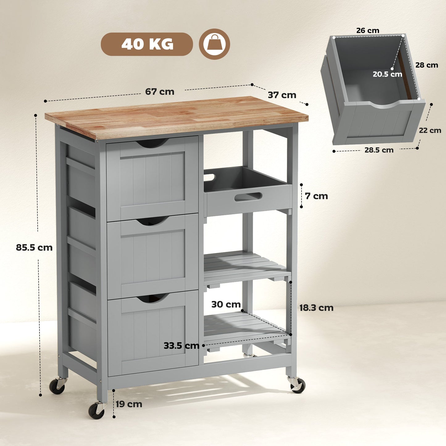 Rolling Kitchen Island Cart, Bar Serving Cart, Compact Trolley on Wheels with Wood Top, Shelves & Drawers for Home Dining Area, Grey
