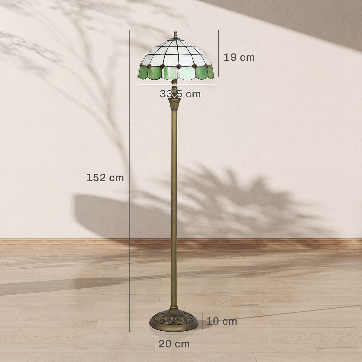 Tiffany-Style Floor Lamp with Handcrafted Stained Glass Shade, 152cm Tall Vintage Standing Lamp with Foot Switch and Dual Sockets for Living Room, Bedroom, Bronze Tone and Green