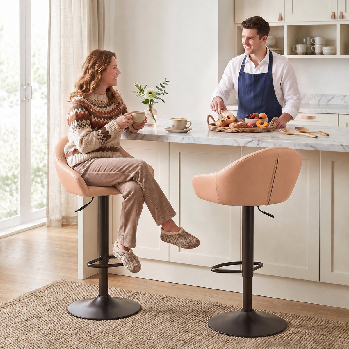 Breakfast Bar Stools Set of 2, Modern Faux Leather Swivel Barstools, Adjustable Counter Height Bar Chairs with Backrest, Arm, Footrest for Kitchen Island, Dining Room, Bar, Brown