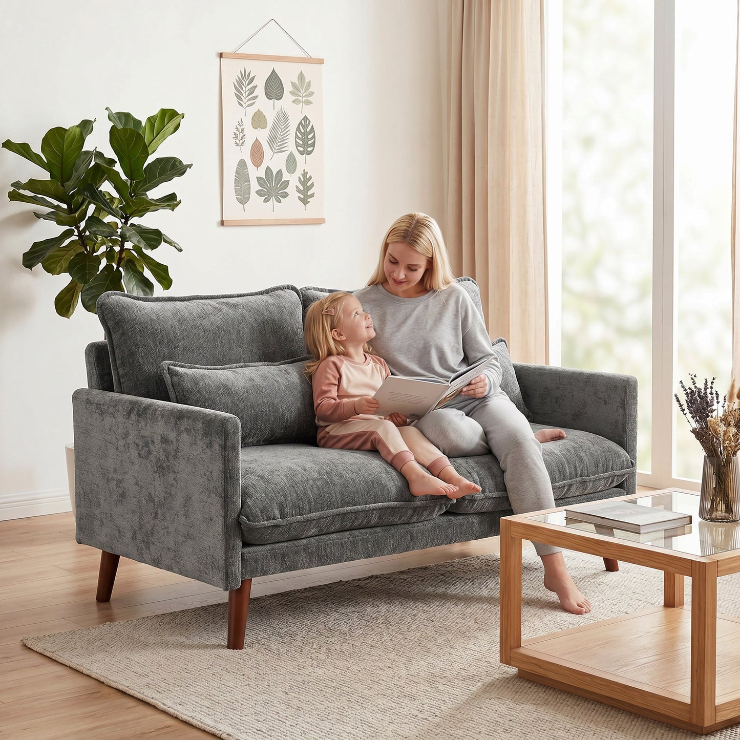 2 Seater Sofa, 131cm Velvet-Feel Fabric Loveseat Sofa with Spring Cushions, Wide and Deep Seat, Wood Legs, 2 Pillows, Modern Couch Settee for Small Space, Living Room, Bedroom, Office, Grey