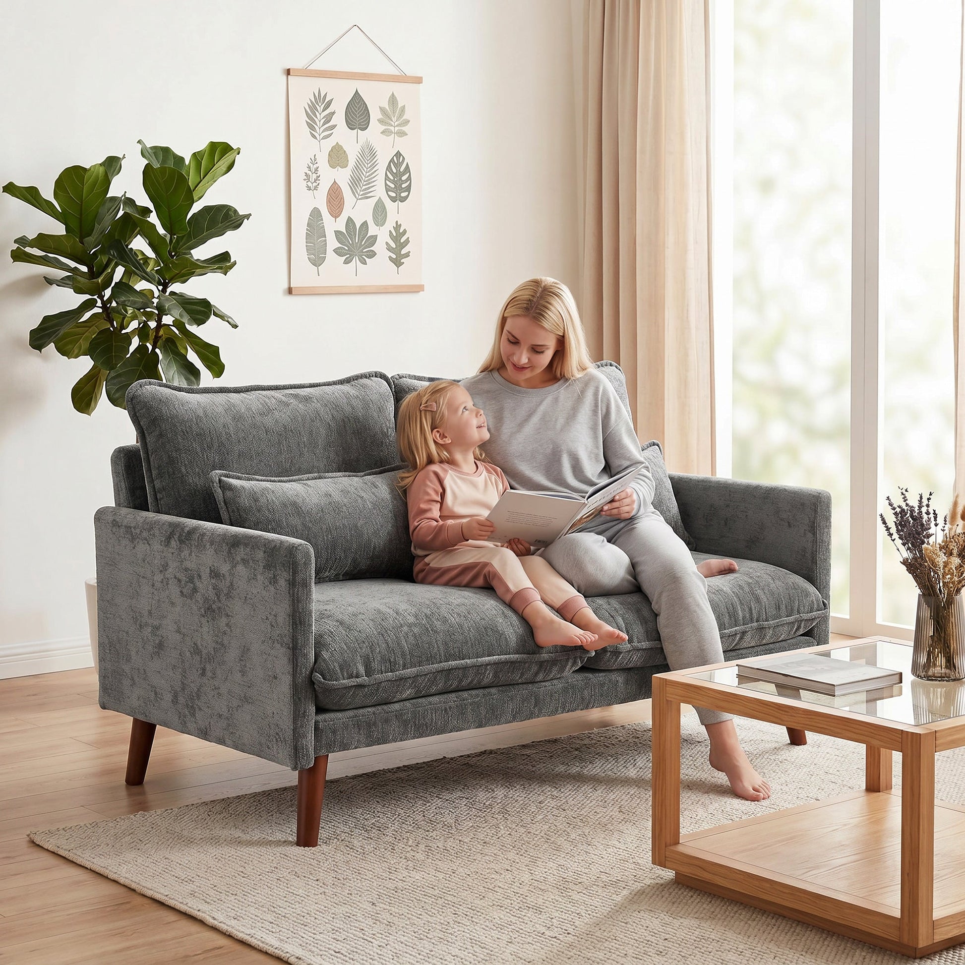 2 Seater Sofa, 131cm Velvet-Feel Fabric Loveseat Sofa with Spring Cushions, Wide and Deep Seat, Wood Legs, 2 Pillows, Modern Couch Settee for Small Space, Living Room, Bedroom, Office, Grey