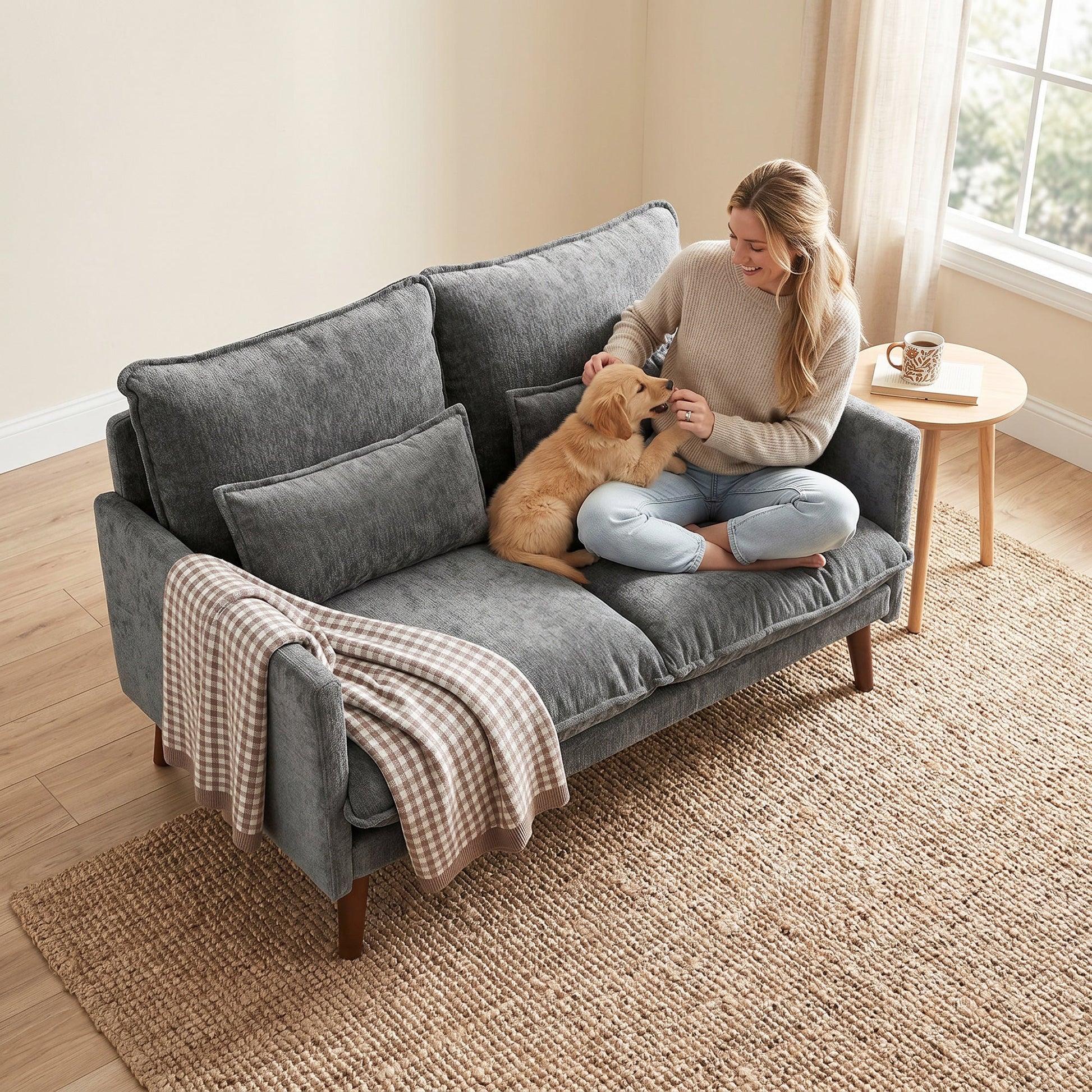 2 Seater Sofa, 131cm Velvet-Feel Fabric Loveseat Sofa with Spring Cushions, Wide and Deep Seat, Wood Legs, 2 Pillows, Modern Couch Settee for Small Space, Living Room, Bedroom, Office, Grey