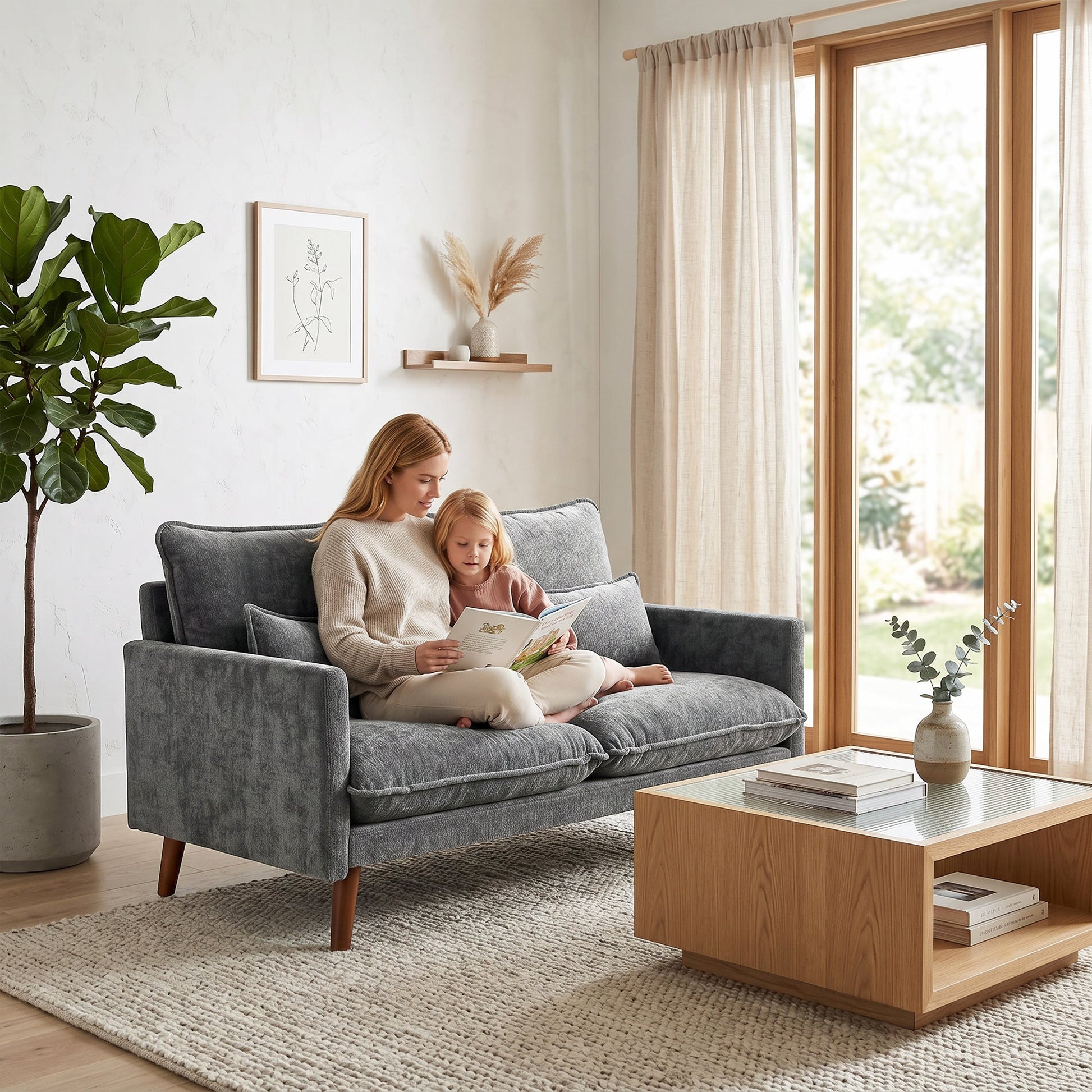 2 Seater Sofa, 131cm Velvet-Feel Fabric Loveseat Sofa with Spring Cushions, Wide and Deep Seat, Wood Legs, 2 Pillows, Modern Couch Settee for Small Space, Living Room, Bedroom, Office, Grey