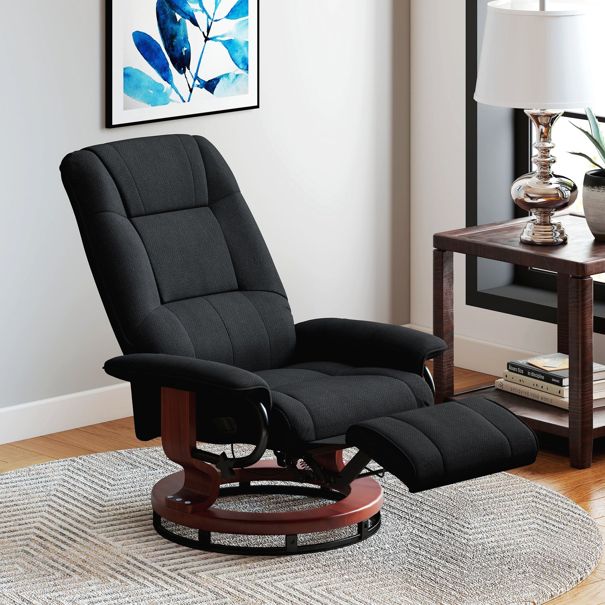 360° Swivel Recliner Chair with Footstool, Manual Recliner Armchair with Wooden Base, Linen-Like Upholstered Reclining Chair for Living Room, Bedroom, Office, Black
