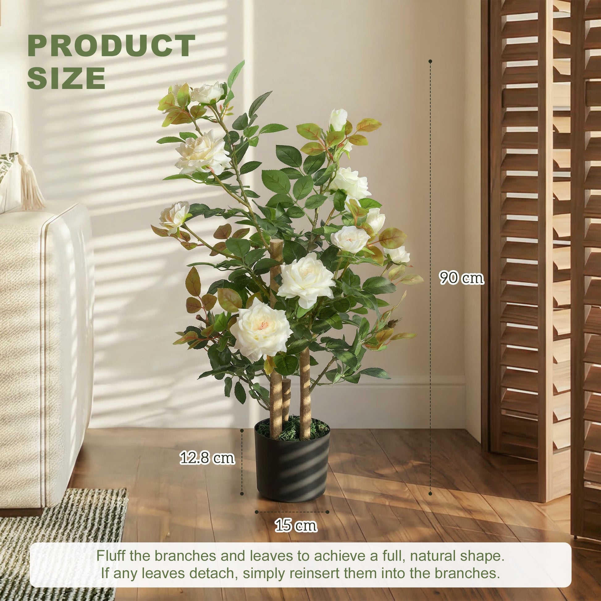 90cm Artificial Rose Tree, Decorative Fake Plant with 344 Silk Leaves and 17 Flowers, UV-Resistant Faux Tree for Outdoor Indoor Garden Porch Decor, White