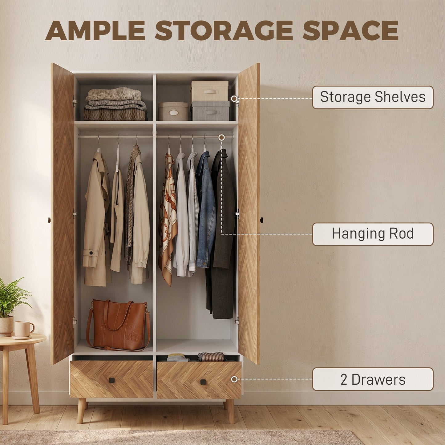 Modern Wardrobe Cabinet Wood-Effect Sticker Surface with 2 Hanging Rods, 2 Storage Shelves and 2 Drawers, 90 x 50 x 190 cm, White and Natural Wood Finish