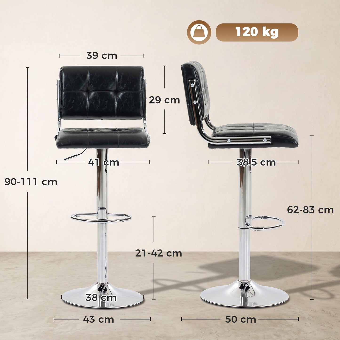 Breakfast Bar Stools Set of 2, Modern PU Leather Swivel BarStools, Adjustable Counter Height Bar Chairs with Backrest and Footrest for Kitchen Island, Dining Room, Bar, Black