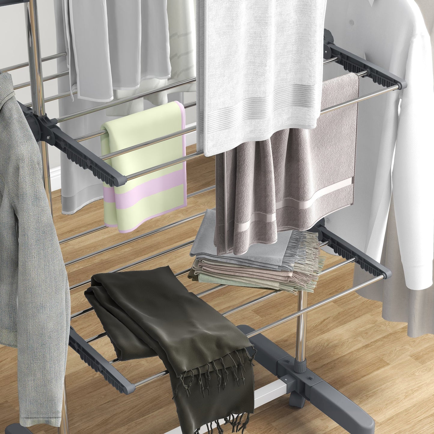 HOMCOM 3-Tier Clothes Airer, Foldable Clothes Drying Rack, Stainless Steel Indoor and Outdoor Clothes Dryer with Wheels and Wings, Easy Assembly, 142 x 55 x 152cm, Grey