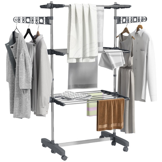 HOMCOM 3-Tier Clothes Airer, Foldable Clothes Drying Rack, Stainless Steel Indoor and Outdoor Clothes Dryer with Wheels and Wings, Easy Assembly, 142 x 55 x 152cm, Grey