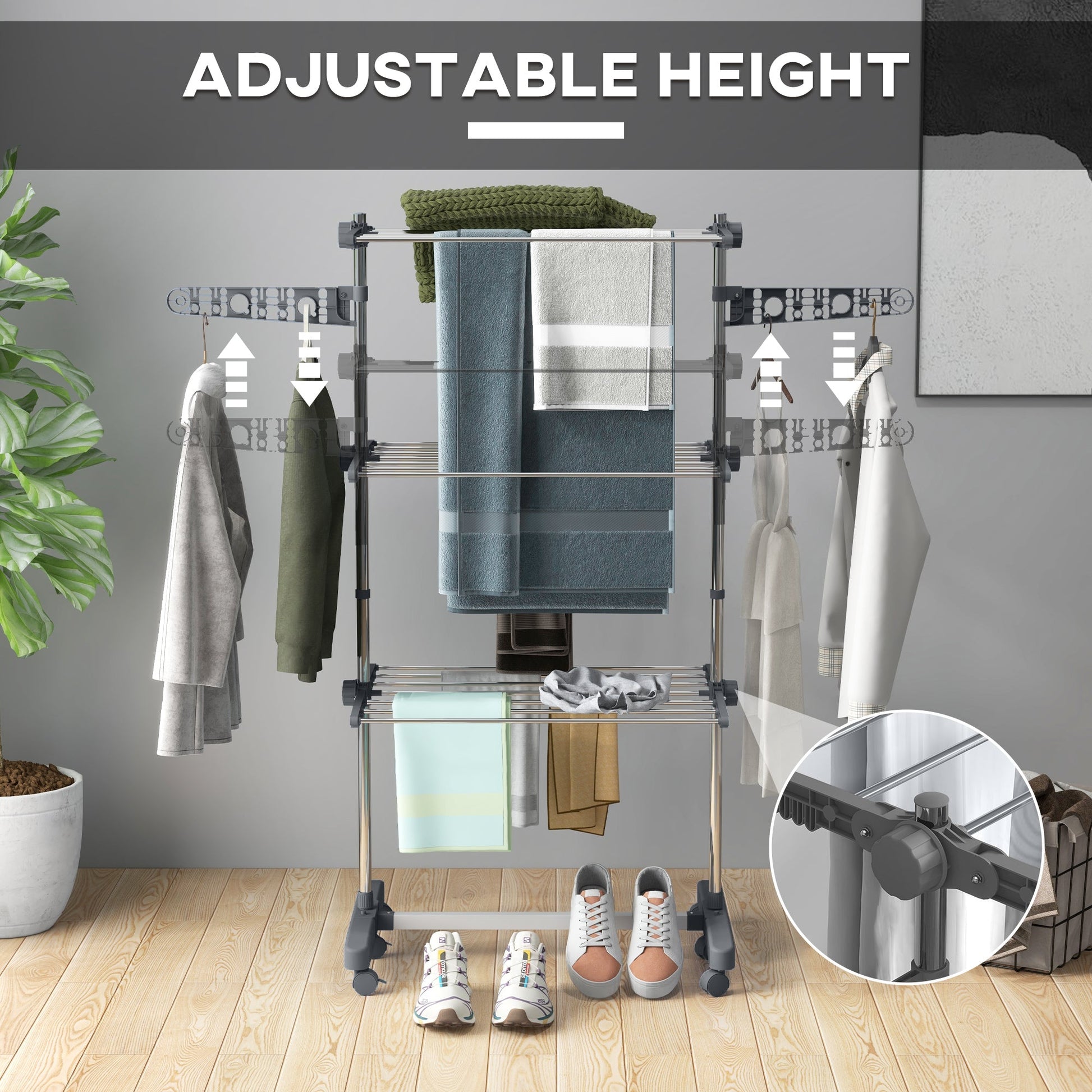 HOMCOM 3-Tier Clothes Airer, Foldable Clothes Drying Rack, Stainless Steel Indoor and Outdoor Clothes Dryer with Wheels and Wings, Easy Assembly, 142 x 55 x 152cm, Grey