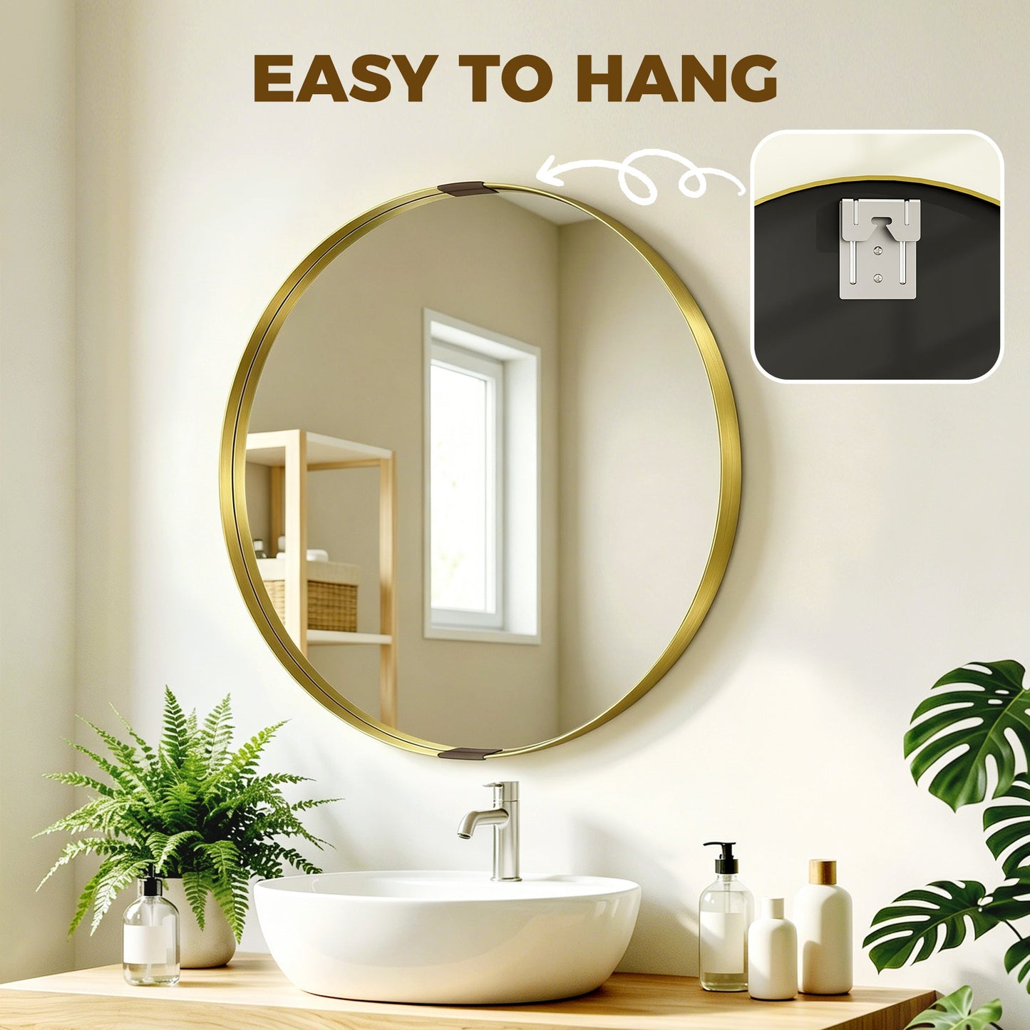 Round Wall Mirror 61 cm, Wall Mounted Bathroom Mirror with Tempered Safety Glass and Aluminium Alloy Frame for Living Room, Bedroom, Entryway, Home, Gold Tone