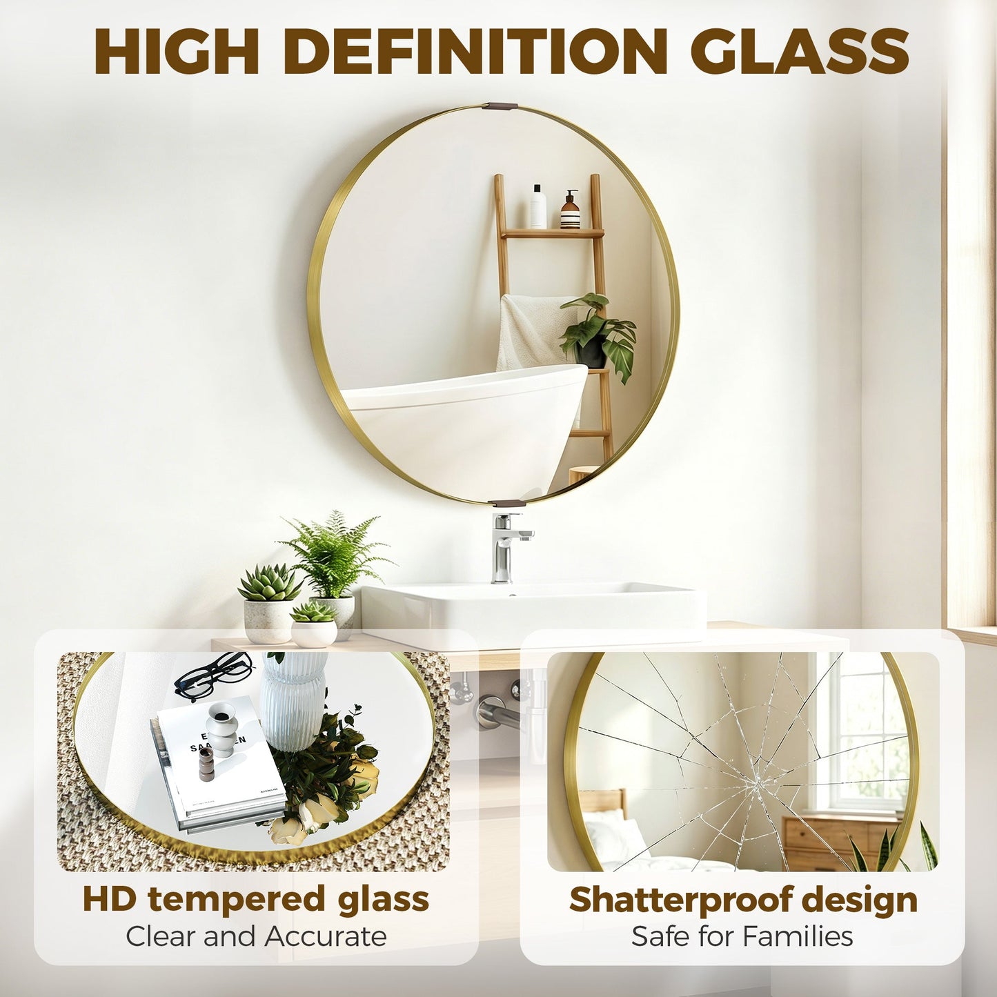 Round Wall Mirror 61 cm, Wall Mounted Bathroom Mirror with Tempered Safety Glass and Aluminium Alloy Frame for Living Room, Bedroom, Entryway, Home, Gold Tone