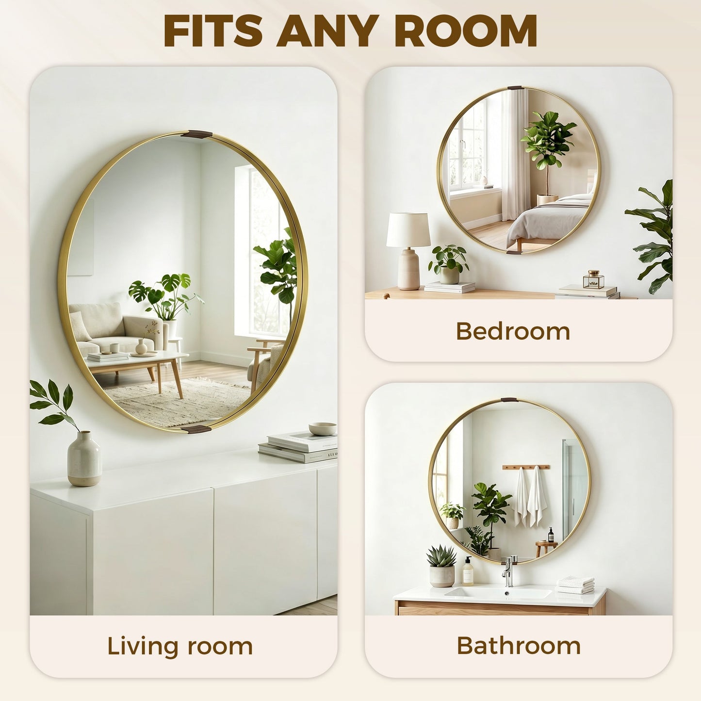 Round Wall Mirror 61 cm, Wall Mounted Bathroom Mirror with Tempered Safety Glass and Aluminium Alloy Frame for Living Room, Bedroom, Entryway, Home, Gold Tone