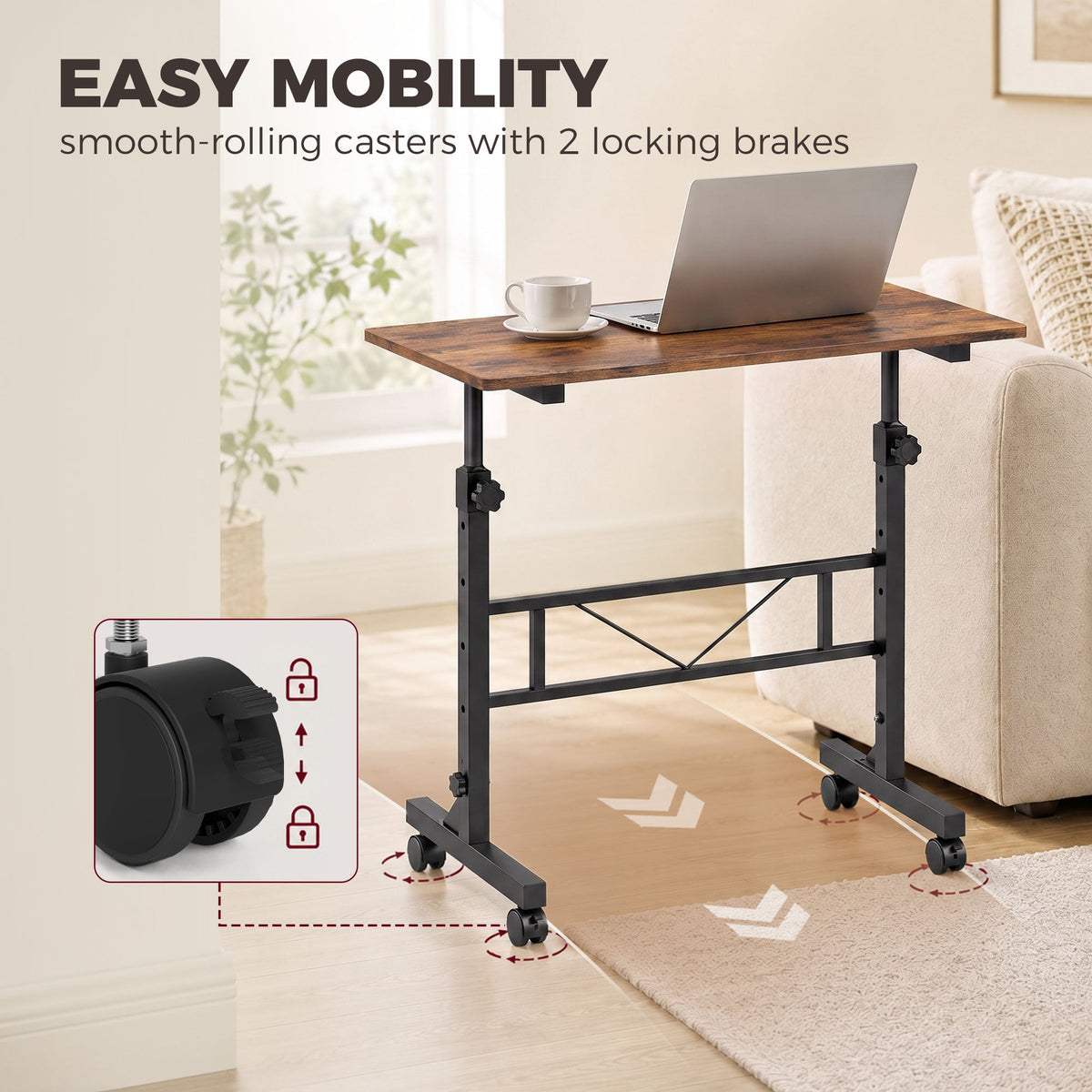 Overbed Table With Wheels and Brakes, Adjustable Height Laptop Desk, Portable Hospital Bed Table with Steel Frame for Living Room, Bedroom and Study, Rustic Brown and Black