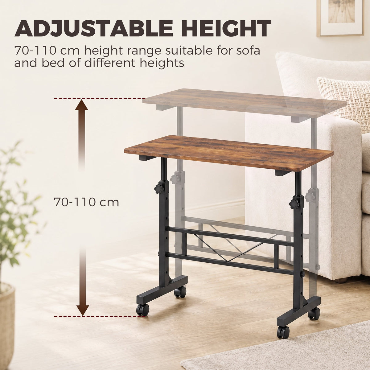 Overbed Table With Wheels and Brakes, Adjustable Height Laptop Desk, Portable Hospital Bed Table with Steel Frame for Living Room, Bedroom and Study, Rustic Brown and Black
