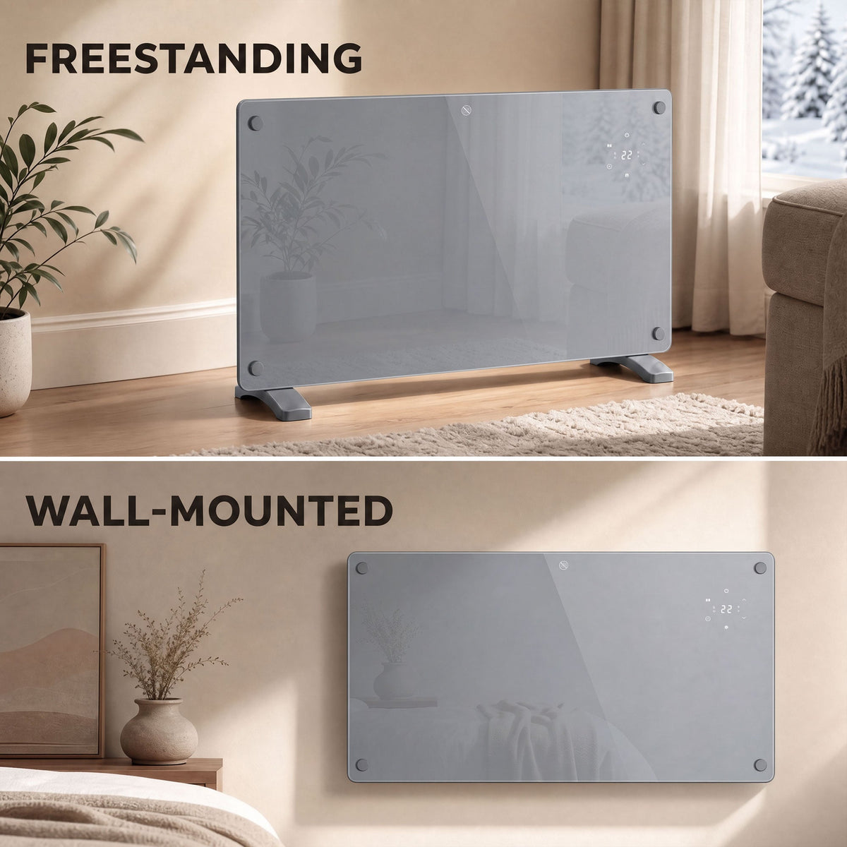 1500W Smart Glass Panel Heater Wall Mounted & Freestanding, Wifi Enabled, Works With Alexa & Google Home, Electric Heater with Weekly Timer, Open Window & Anti-Frost Mode, Thermostat, Grey
