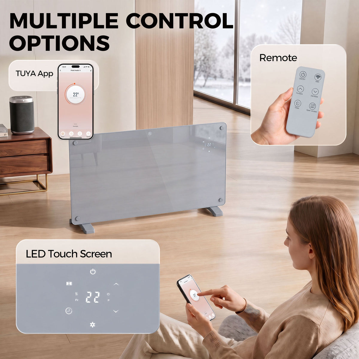 1500W Smart Glass Panel Heater Wall Mounted & Freestanding, Wifi Enabled, Works With Alexa & Google Home, Electric Heater with Weekly Timer, Open Window & Anti-Frost Mode, Thermostat, Grey