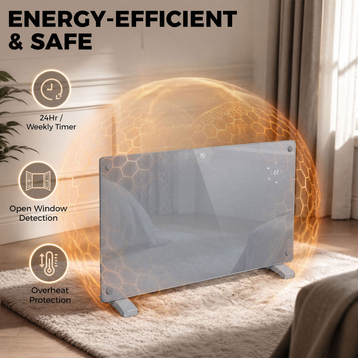1500W Smart Glass Panel Heater Wall Mounted & Freestanding, Wifi Enabled, Works With Alexa & Google Home, Electric Heater with Weekly Timer, Open Window & Anti-Frost Mode, Thermostat, Grey