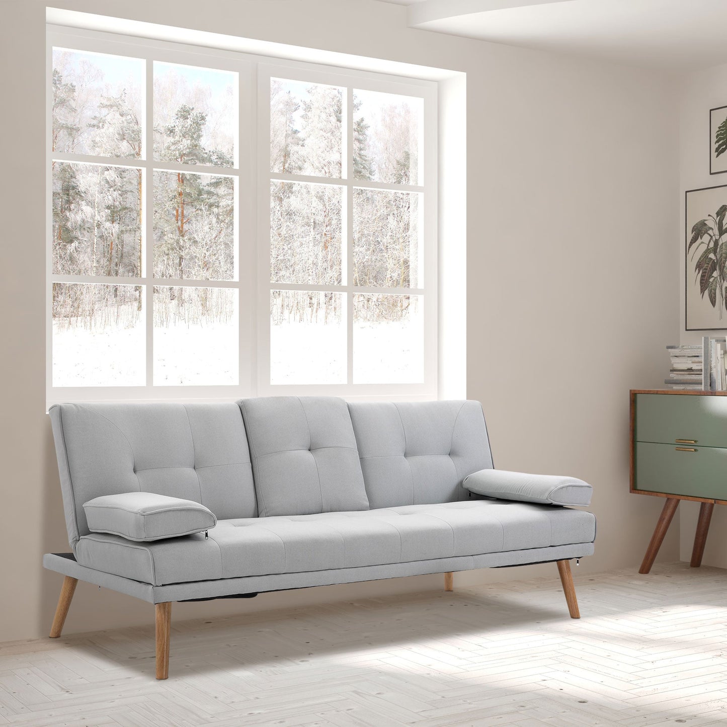 HOMCOM Sofa Bed, Fabric 3-seater Click Clack Sofa Bed with 2 Cup Holders, Convertible Bed Settee, Futon Sofa with Removable Armrest, for Living Room, Spare Room, Bed Room, Guest Room, Grey