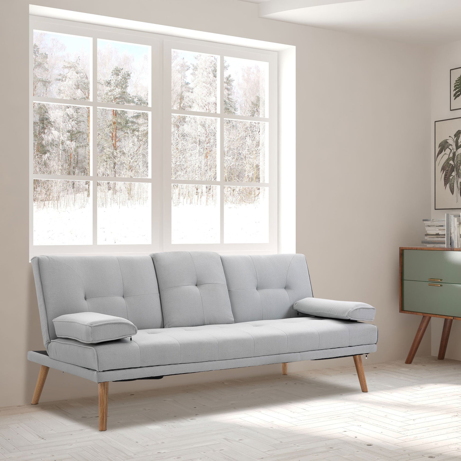 HOMCOM Sofa Bed, Fabric 3-seater Click Clack Sofa Bed with 2 Cup Holders, Convertible Bed Settee, Futon Sofa with Removable Armrest, for Living Room, Spare Room, Bed Room, Guest Room, Grey