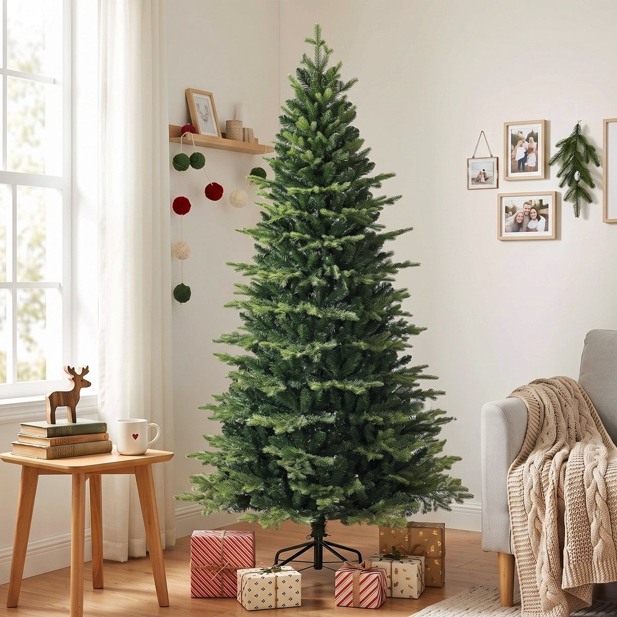 7ft/210cm Artificial Christmas Tree, Geneva Fir Hinged Xmas Tree with 2079 Branch Tips, Foldable Steel Stand, Easy Assembly for Home Office Holiday Decoration, Green