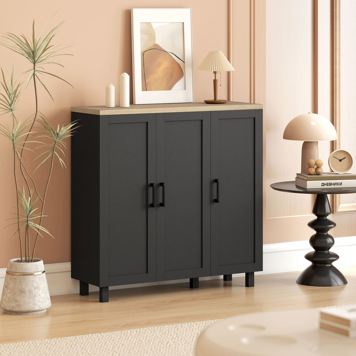 Sideboard Buffet Cabinet, Kitchen Storage Cabinet with 3 Doors and Adjustable Shelves for Living Room, Kitchen, Dining Room, Black