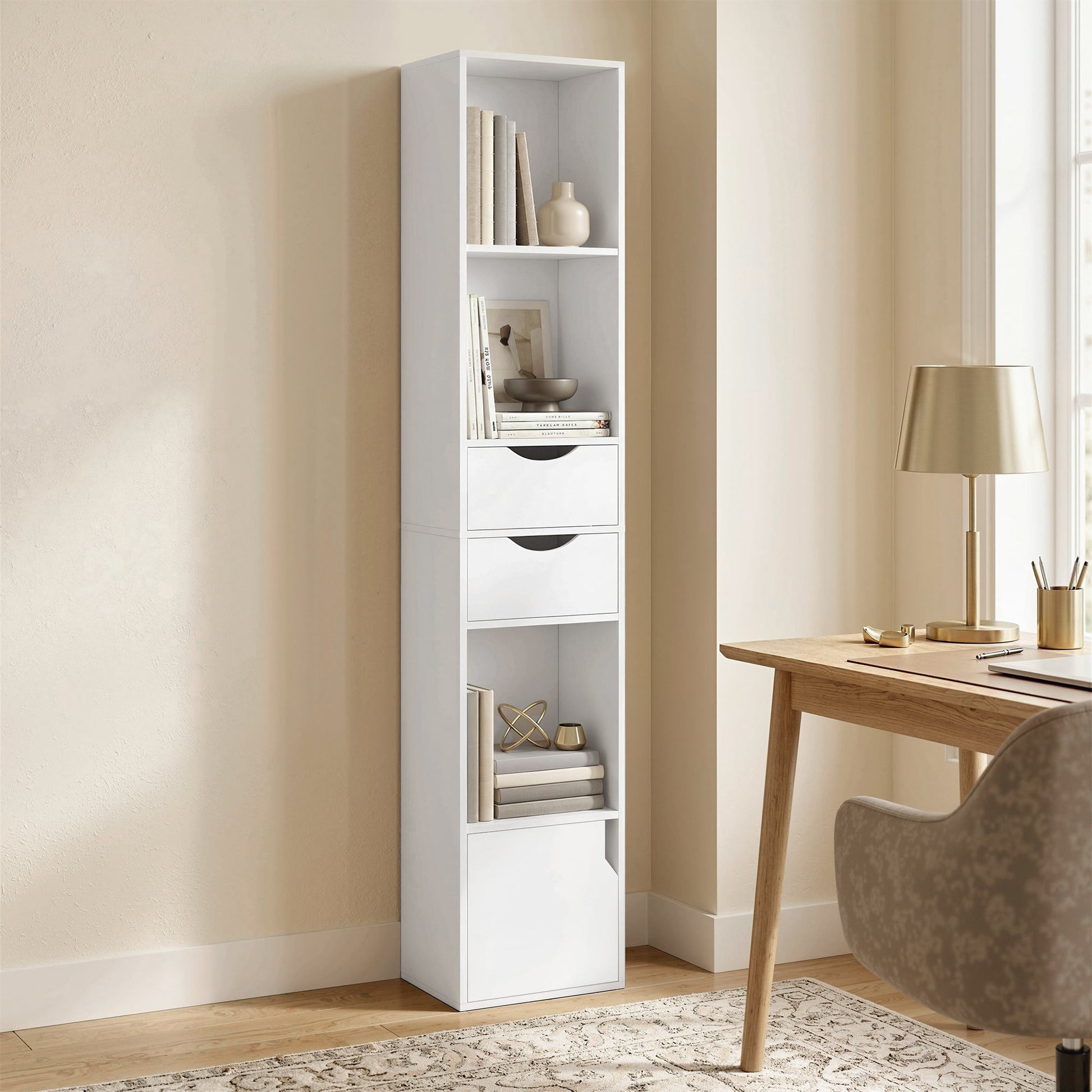 158 cm Bookcase with Drawers, 3-Tier Bookshelf, Slim Storage Cabinet with Doors, Adjustable Shelf for Living Room, Bedroom, Home Office, White
