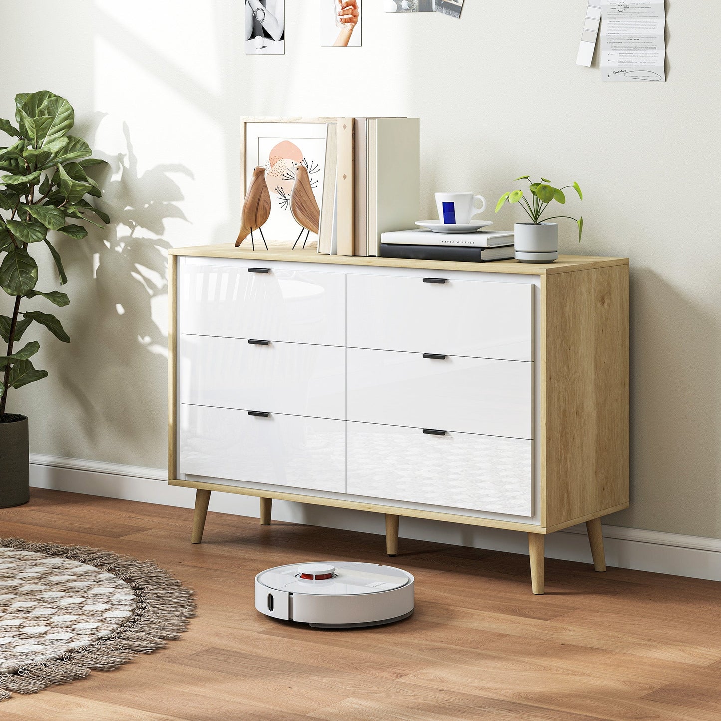 Chest of Drawers, 6 Drawer Dresser, Storage Cabinet with 6  Drawers and 5 Legs for Bedroom, Living Room,  High Gloss White