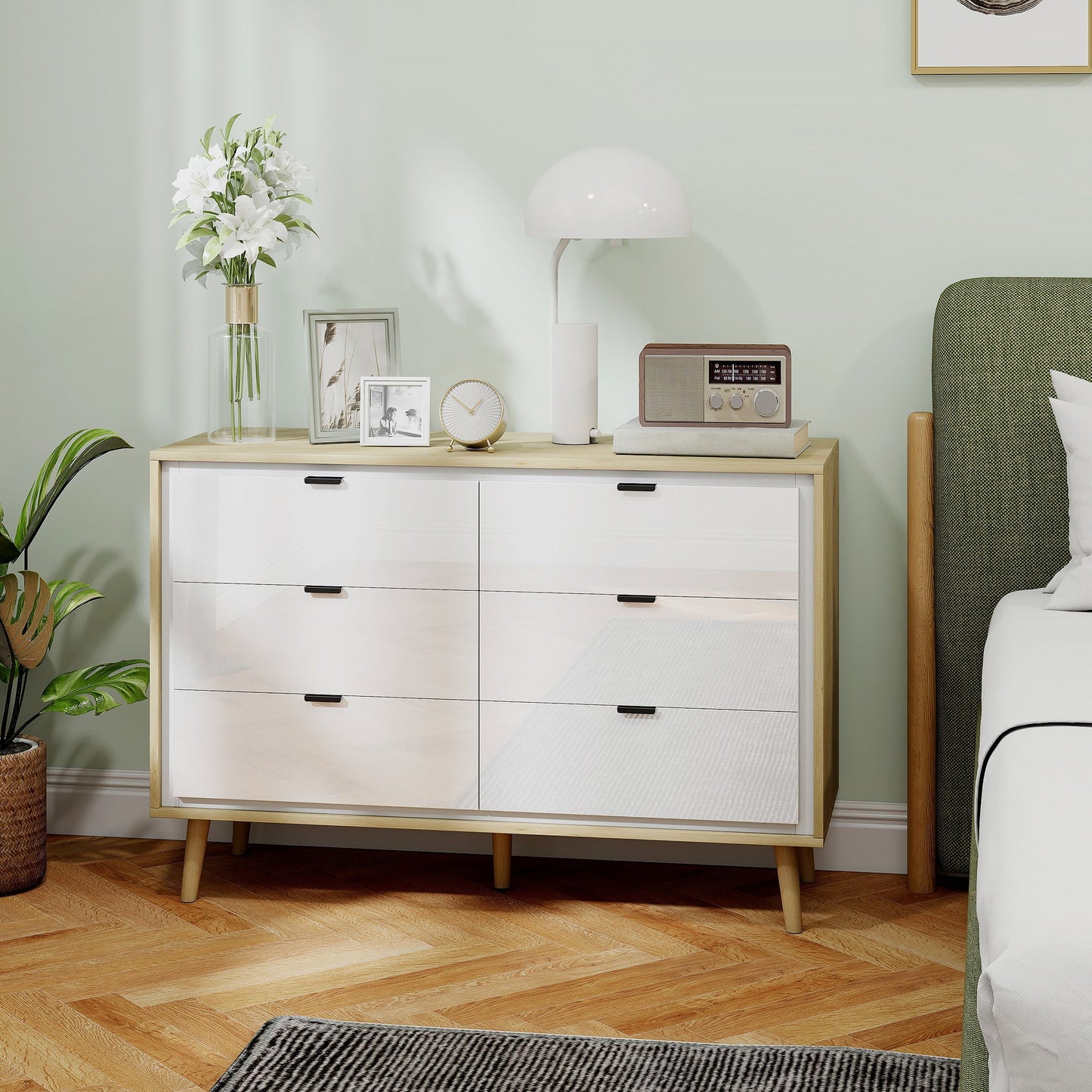 Chest of Drawers, 6 Drawer Dresser, Storage Cabinet with 6  Drawers and 5 Legs for Bedroom, Living Room,  High Gloss White