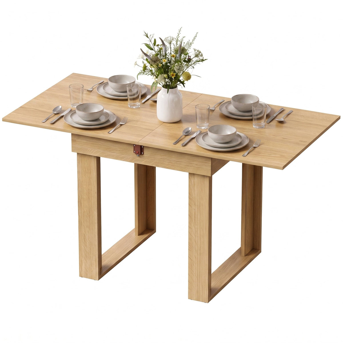 Folding Dining Table for 4 with Under-Table Storage, 70-140 cm Modern Extendable Kitchen Table with Steel Rail, Space-Saving for Kitchen, Dining Room, Oak Effect