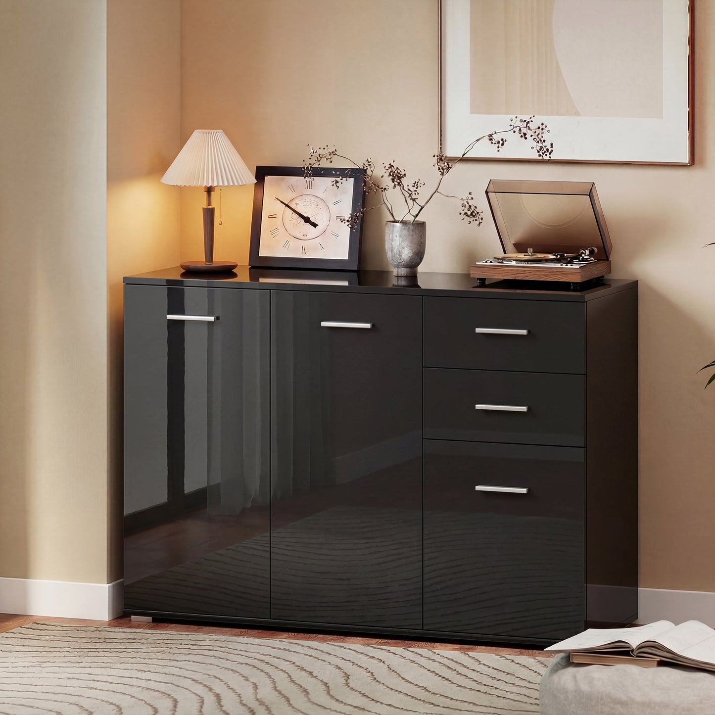 Sideboard, Modern Storage Cabinet with 2 Drawers, 3 Doors and Adjustable Shelves, Kitchen Cabinet for Living Room, Dining Room, High Gloss Black