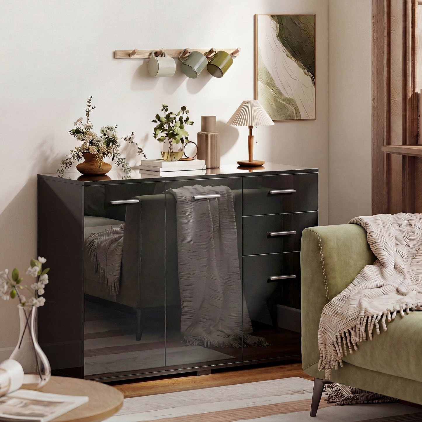 Sideboard, Modern Storage Cabinet with 2 Drawers, 3 Doors and Adjustable Shelves, Kitchen Cabinet for Living Room, Dining Room, High Gloss Black