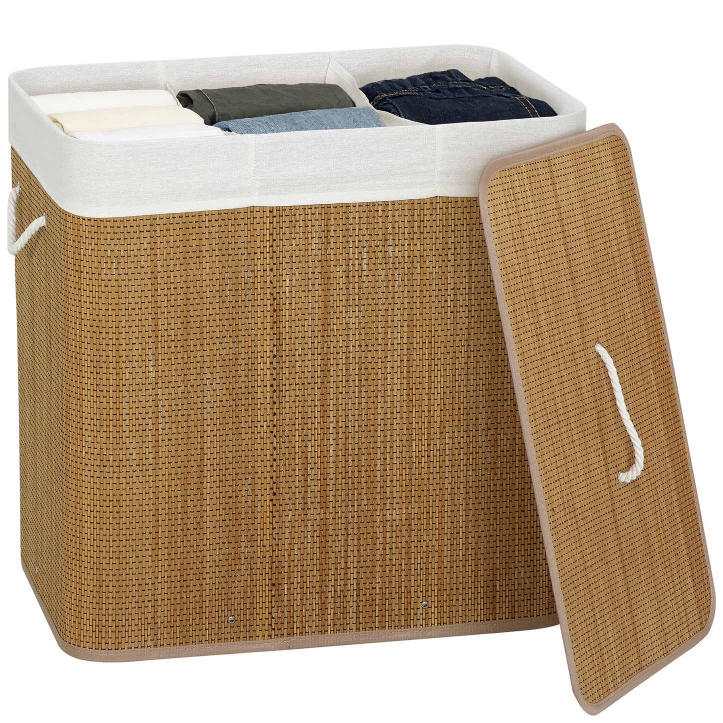 144L Laundry Basket with Lid, 3 Section Bamboo Laundry Hamper with Removable and Washable Liner, Handles, Dirty Clothes Hamper for Bathroom, Bedroom, Brown