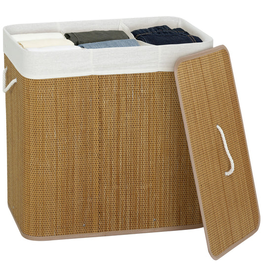 144L Laundry Basket with Lid, 3 Section Bamboo Laundry Hamper with Removable and Washable Liner, Handles, Dirty Clothes Hamper for Bathroom, Bedroom, Brown