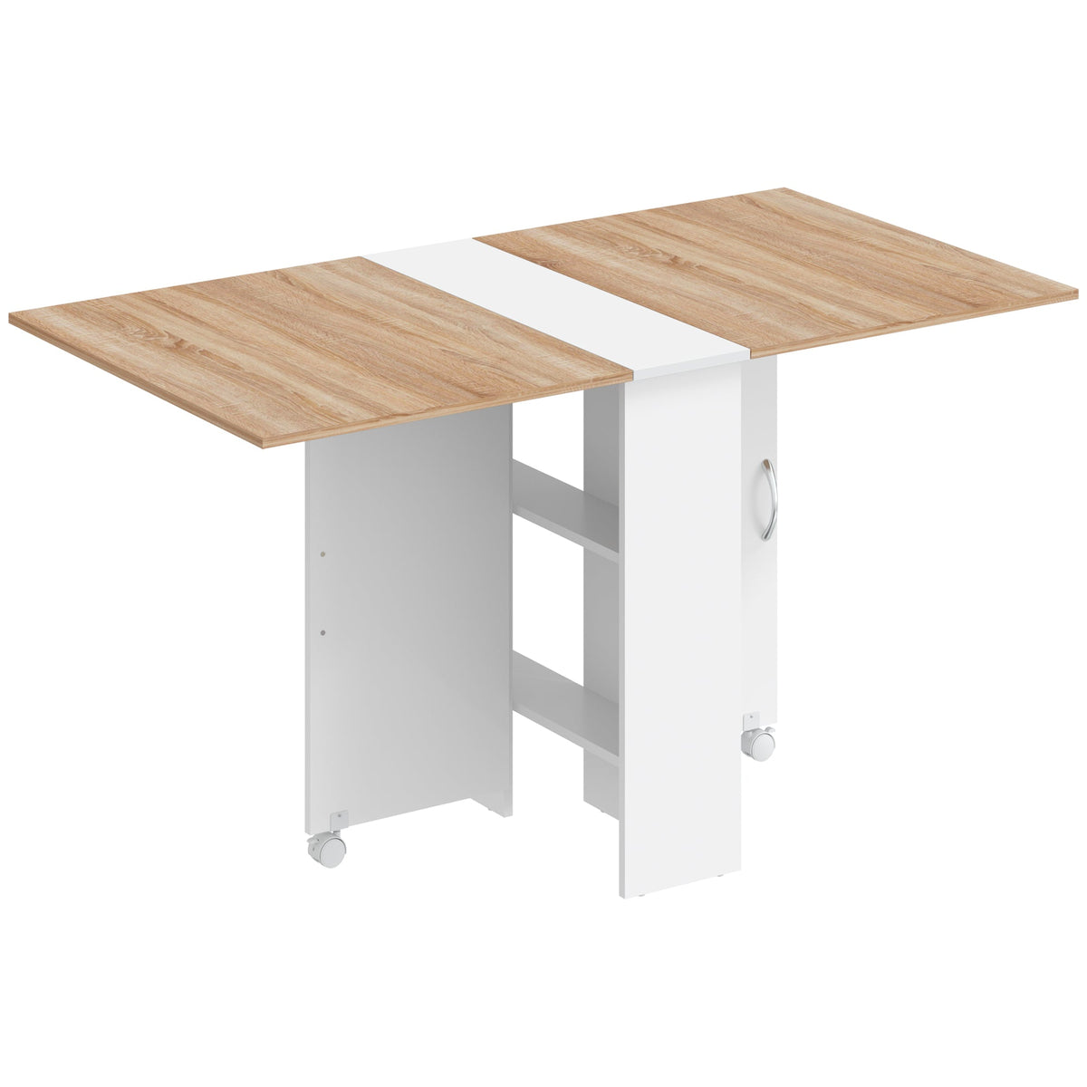 Folding Dining Table, Drop Leaf Table with 2-Tier Shelves, Rolling Casters, for Small Spaces, Kitchen, White and Natural