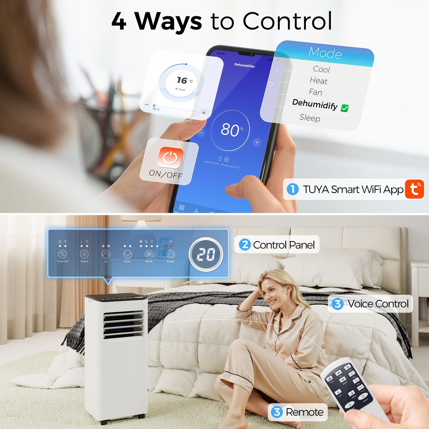 Portable Air Conditioner 9000 BTU, 4-in-1 Air Conditioning Unit with Cool, Dehumidifier, Fan, Sleep Mode, WiFi Voice Remote Control, 24H Timer, 2 Speeds, Window Kit, for Room up to 28 m²