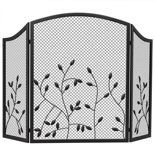 3-Panel Folding Fireplace Screen with Spark Guard for Hearth Protection, Heat-Resistant Metal Fire Screen, 122 x 1 x 75 cm, Black