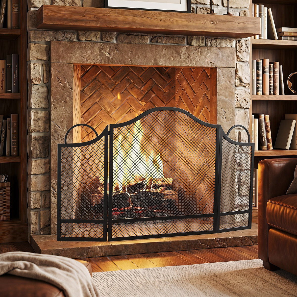 Floral 3-Panel Folding Fireplace Screen for Hearth Protection with Spark Guard, for Fireplace, Heat-Resistant Metal Fire Spark Guard, 122 x 1 x 74 cm, Black
