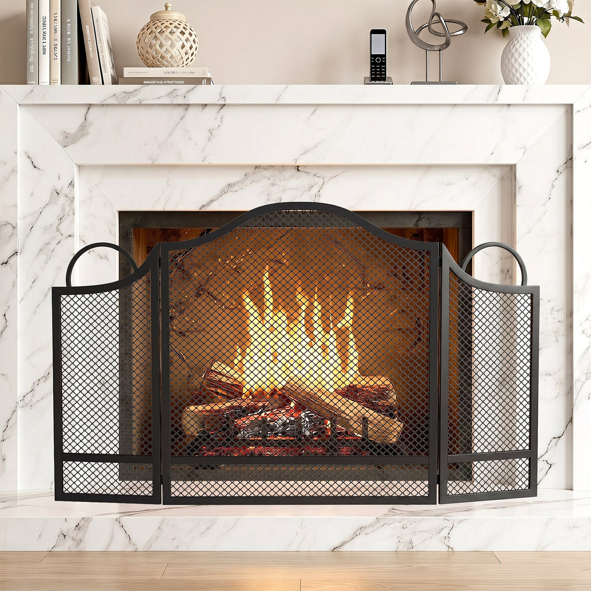 Floral 3-Panel Folding Fireplace Screen for Hearth Protection with Spark Guard, for Fireplace, Heat-Resistant Metal Fire Spark Guard, 122 x 1 x 74 cm, Black