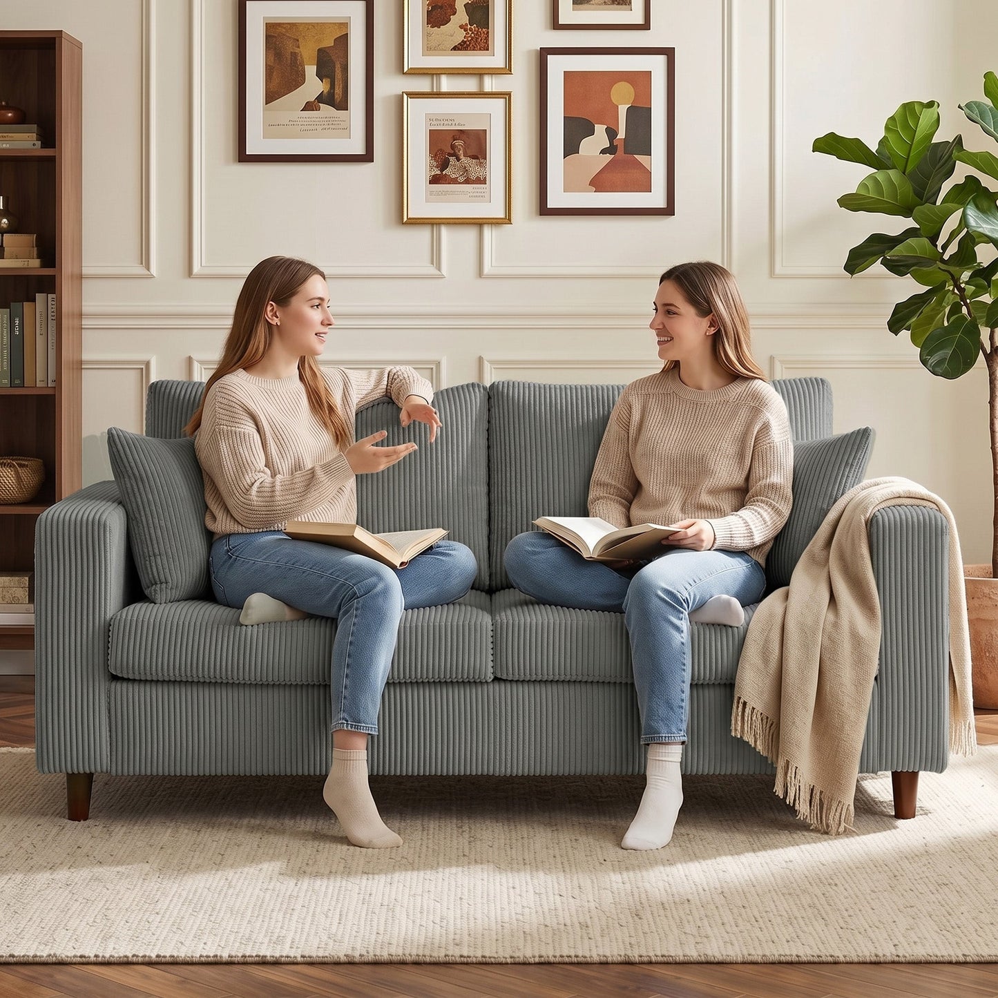 2 Seater Sofa, 170 cm Comfy Corduroy Couch with Wide Deep Seat, Wide Armrests, Spring Cushion, Thick Padded, Solid Wood Legs, Loveseat Sofa for Living Room, Light Grey