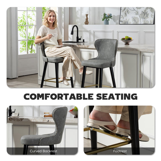 Bar Stools Set of 2, PU Leather Barstools with Backrest, Footrest and Solid Wood Legs, Dining Stools for Kitchen, Counter, Breakfast Bar, Grey