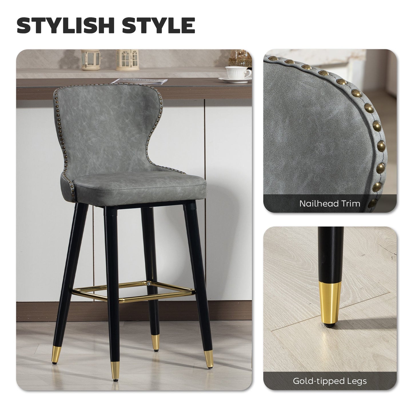 Bar Stools Set of 2, PU Leather Barstools with Backrest, Footrest and Solid Wood Legs, Dining Stools for Kitchen, Counter, Breakfast Bar, Grey